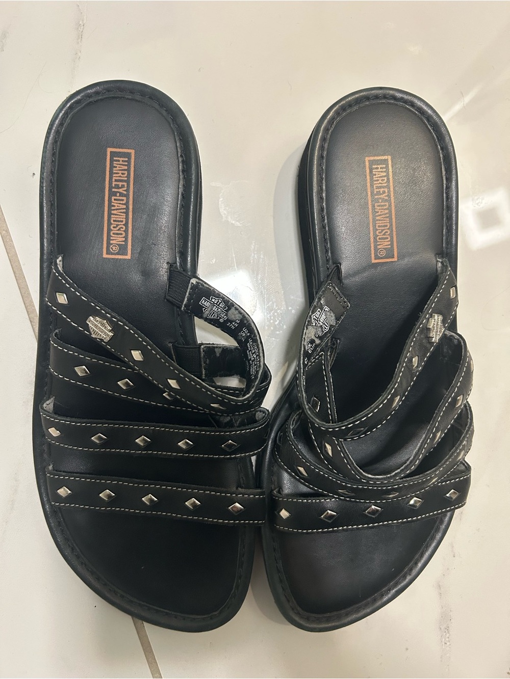 Vintage Y2K Harley-Davidson black genuine leather multi-strap wedge slide sandal
